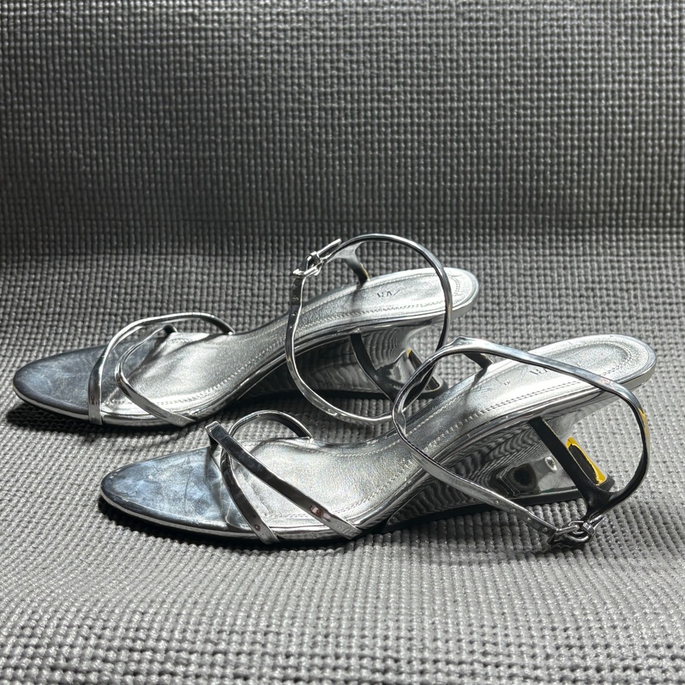 Zara Sandals Women 41 Silver Metallic Strappy Wedge Mirror Heel Y2K Retro Chrome